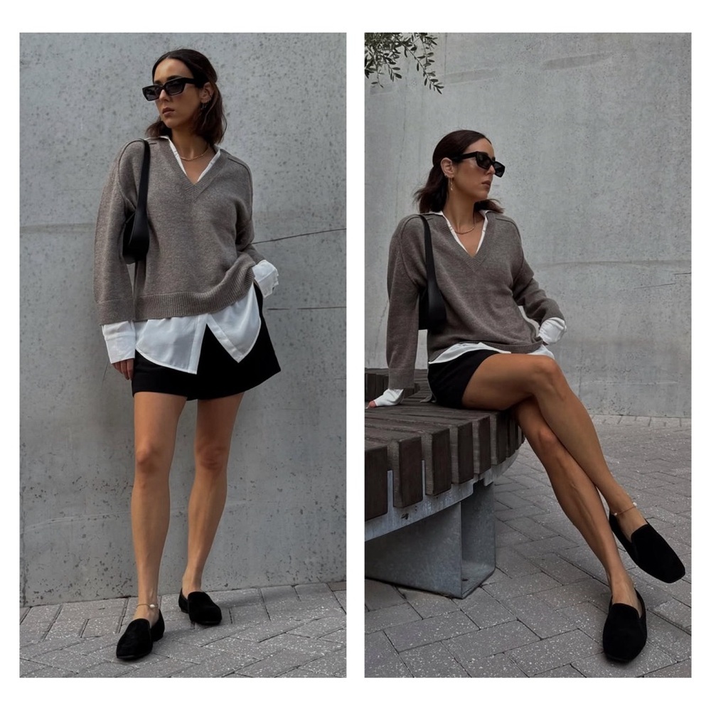 Brochu Walker The Looker Layered V-Neck Wool Cashmere Otter Melange Sweater S